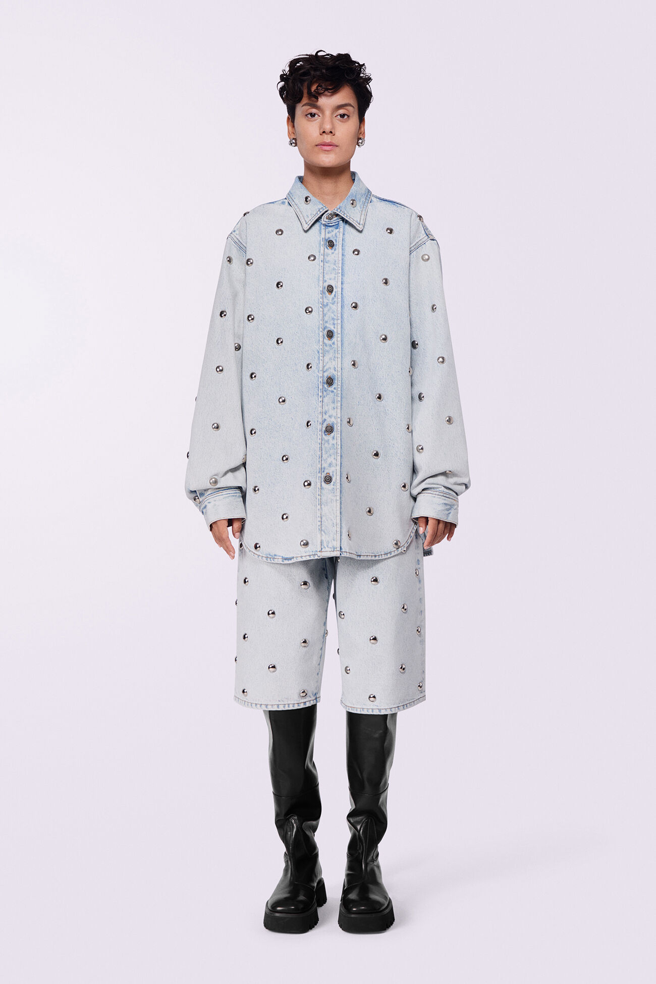 Unisex Stud Denim Overshirt Bleach Blue
